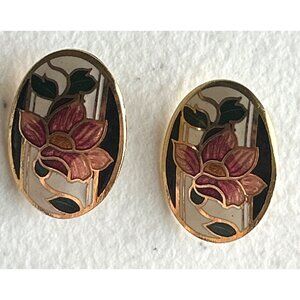 Vintage Cloisonne Floral Oval Stud Earrings Gold Enamel Statement Jewelry